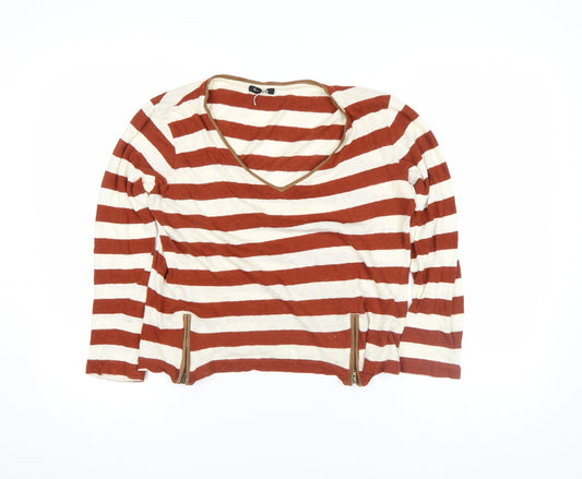 Massimo Dutti Women Brown Stripe Long Sleeve V-Neck Top M