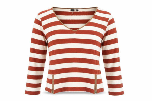Massimo Dutti Women Brown Stripe Long Sleeve V-Neck Top M