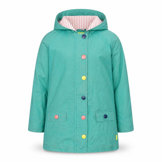 Front view of White Stuff girls’ green hooded rain coat 9-10 years cotton lined mid-length