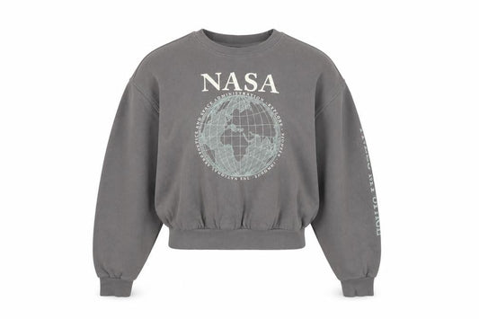 Front view of DIVIDED girls’ grey nasa relaxed pullover fleece sweatshirt xs