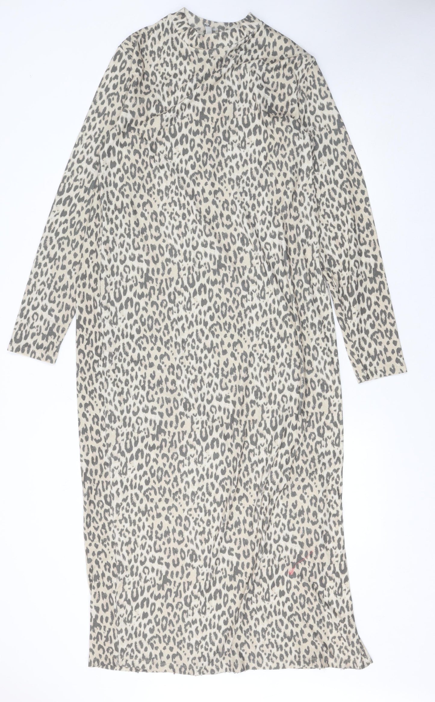 River Island Women Beige Leopard Print Long Sleeve Shift Midi Dress Size 18