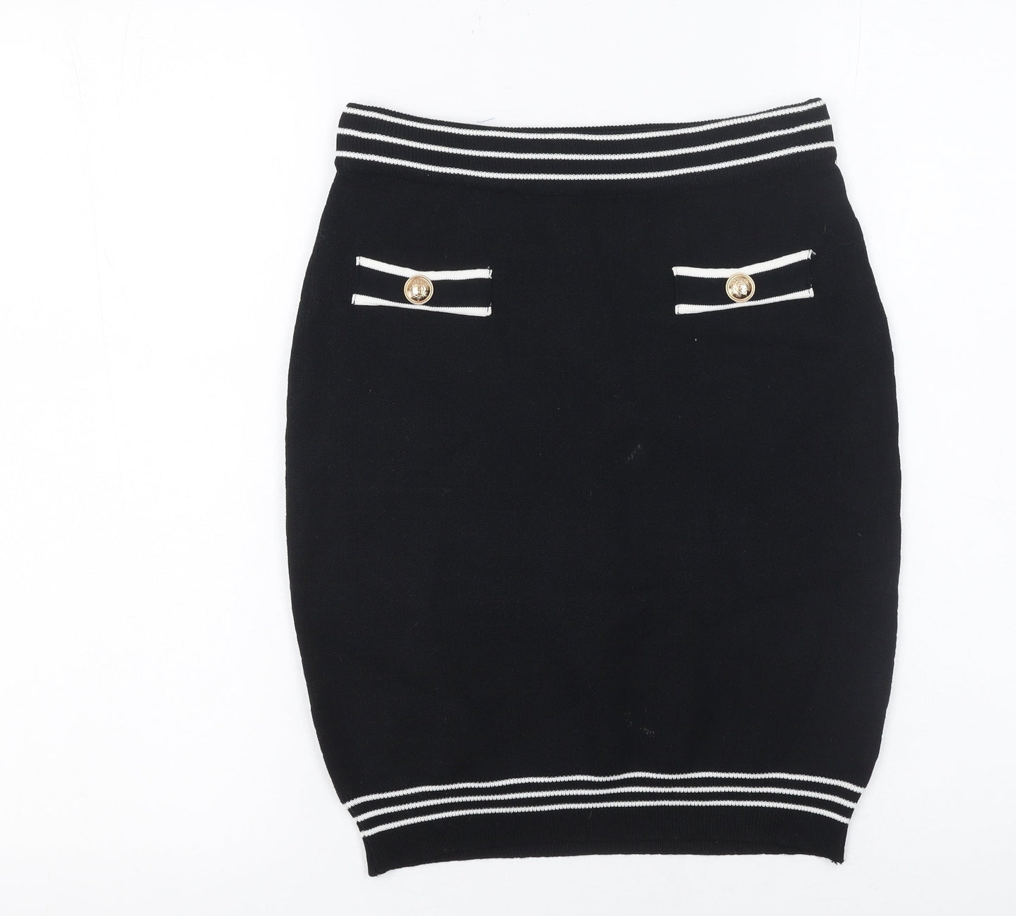 By Clara Paris Women’s Black Knit Pencil Skirt M Stripe Button Detail