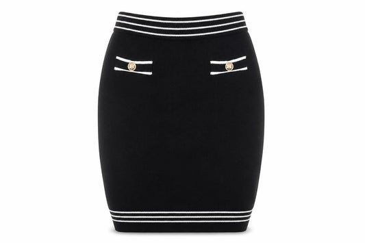 By Clara Paris Women’s Black Knit Pencil Skirt M Stripe Button Detail