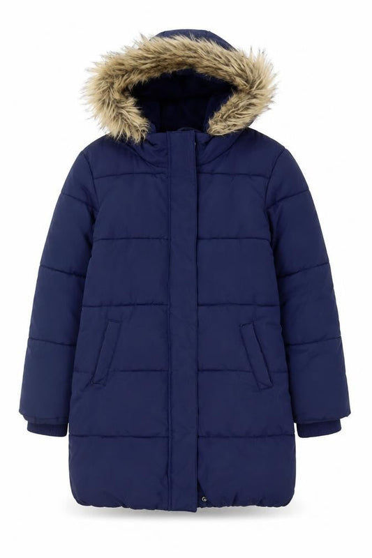 Front view of John Lewis girls’ blue hooded mid-length puffer coat age 10 winter lined