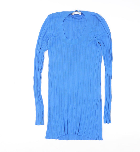 Zara Women Blue Ribbed Bodycon Long Sleeve Short Dress Size 12