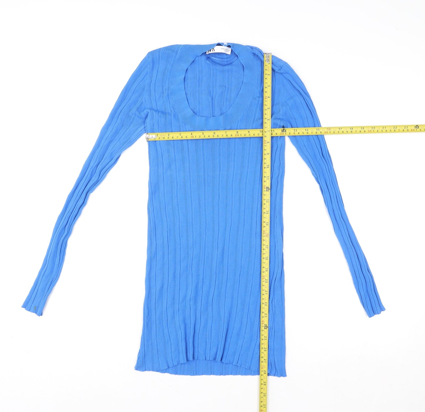 Zara Women Blue Ribbed Bodycon Long Sleeve Short Dress Size 12