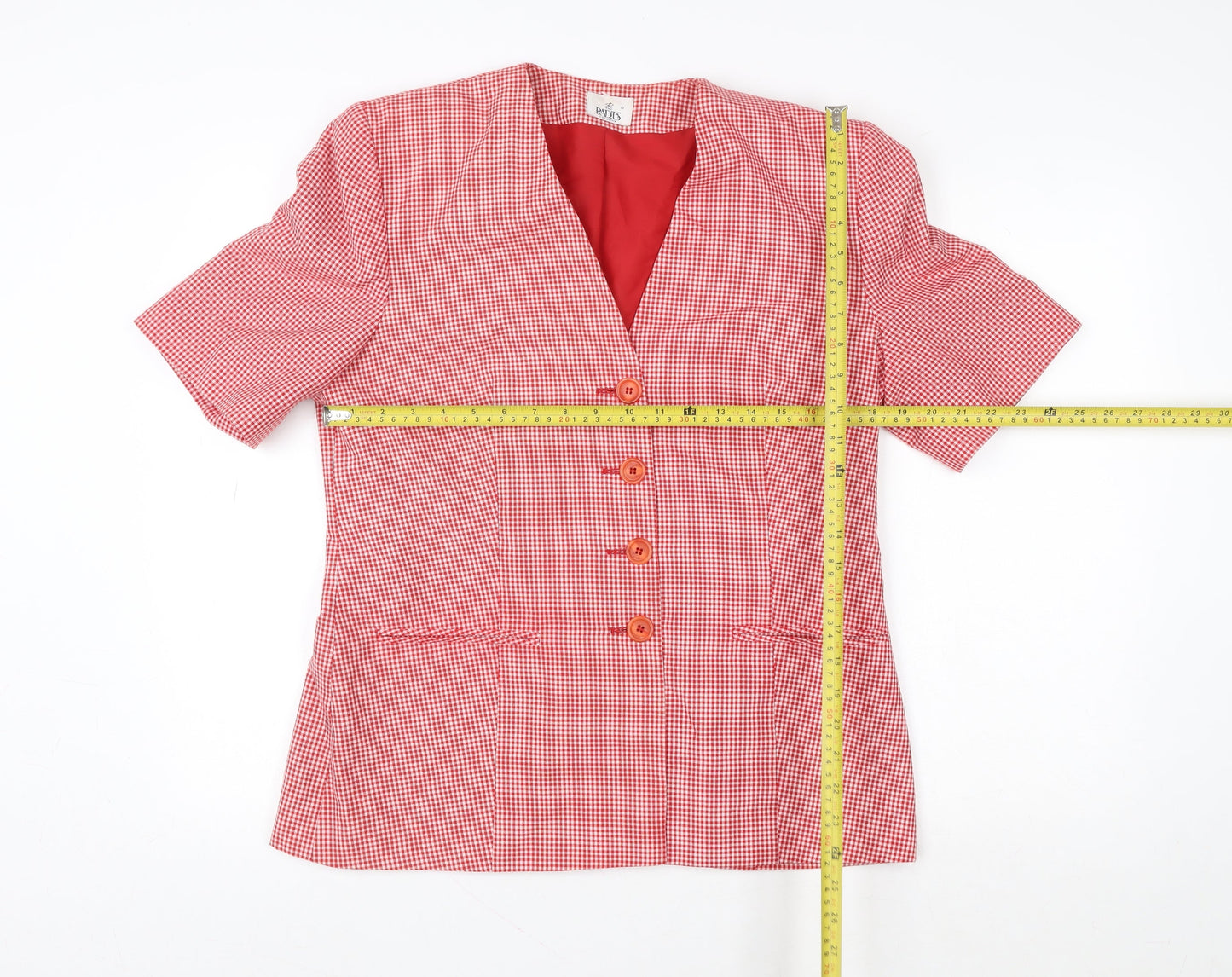 The Radius Creation Women Red Check Blouse Size 12 Short Sleeve V-Neck