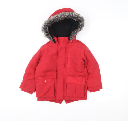 Additional front view of Very boys’ red faux fur trim hooded winter parka coat 3-4 years