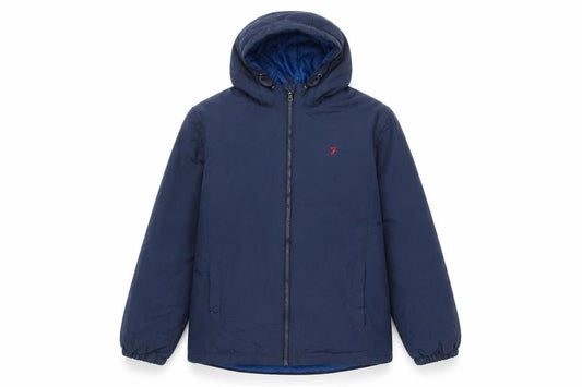 Front view of Farah Junior boys’ blue hooded puffer jacket age 12-13 years lightweight zip coat