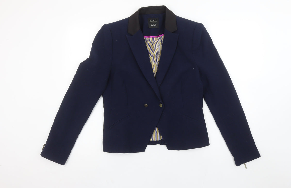 Zara Trafaluc Women Navy Blue Double-Breasted Blazer L Wool Blend