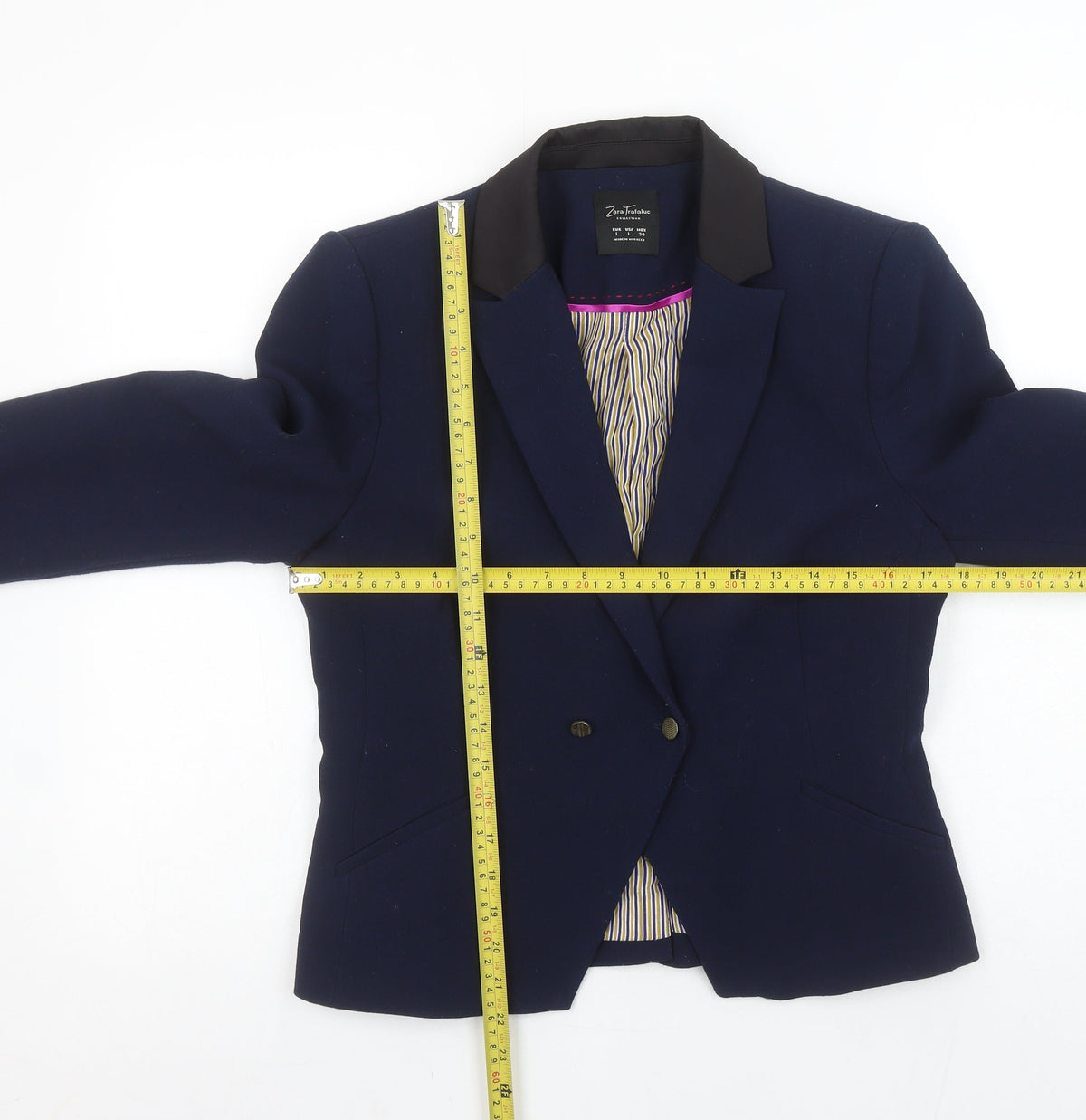 Zara Trafaluc Women Navy Blue Double-Breasted Blazer L Wool Blend