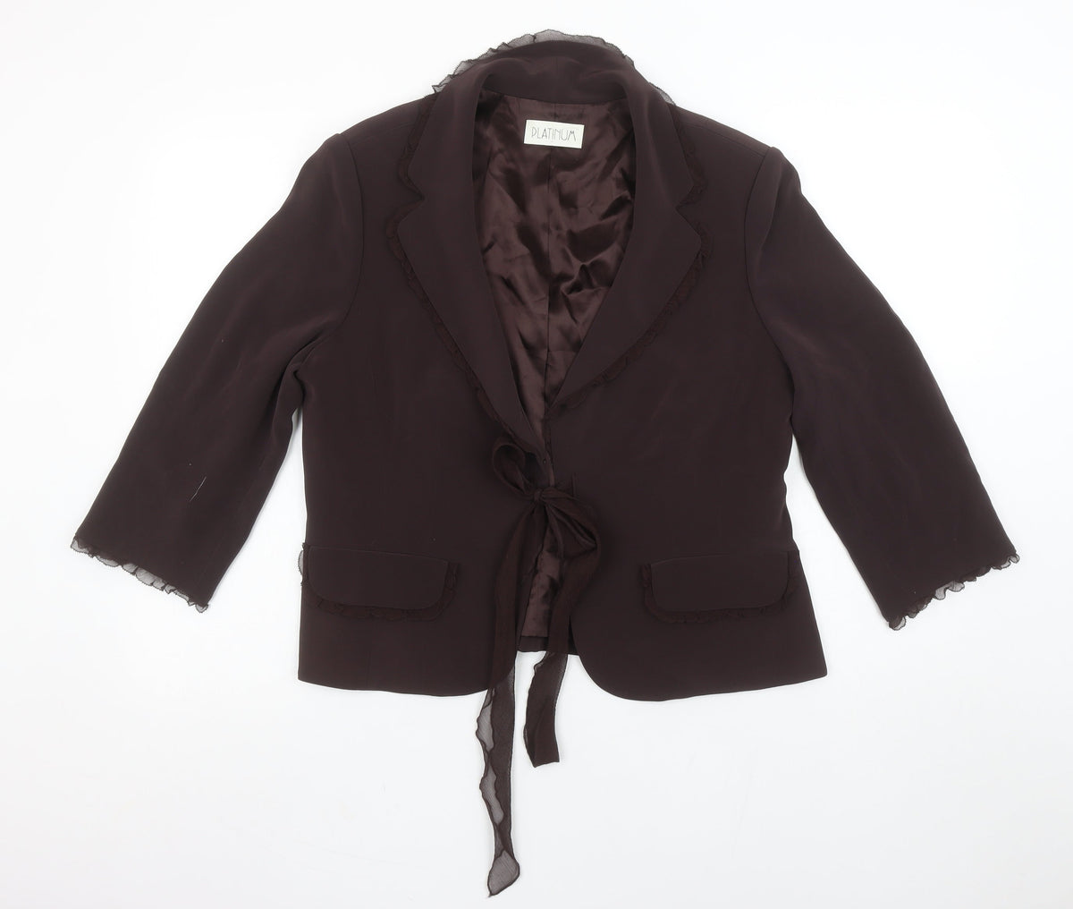 Platinum Women Brown Tie Front Blazer Jacket Size 16 Triacetate Blend