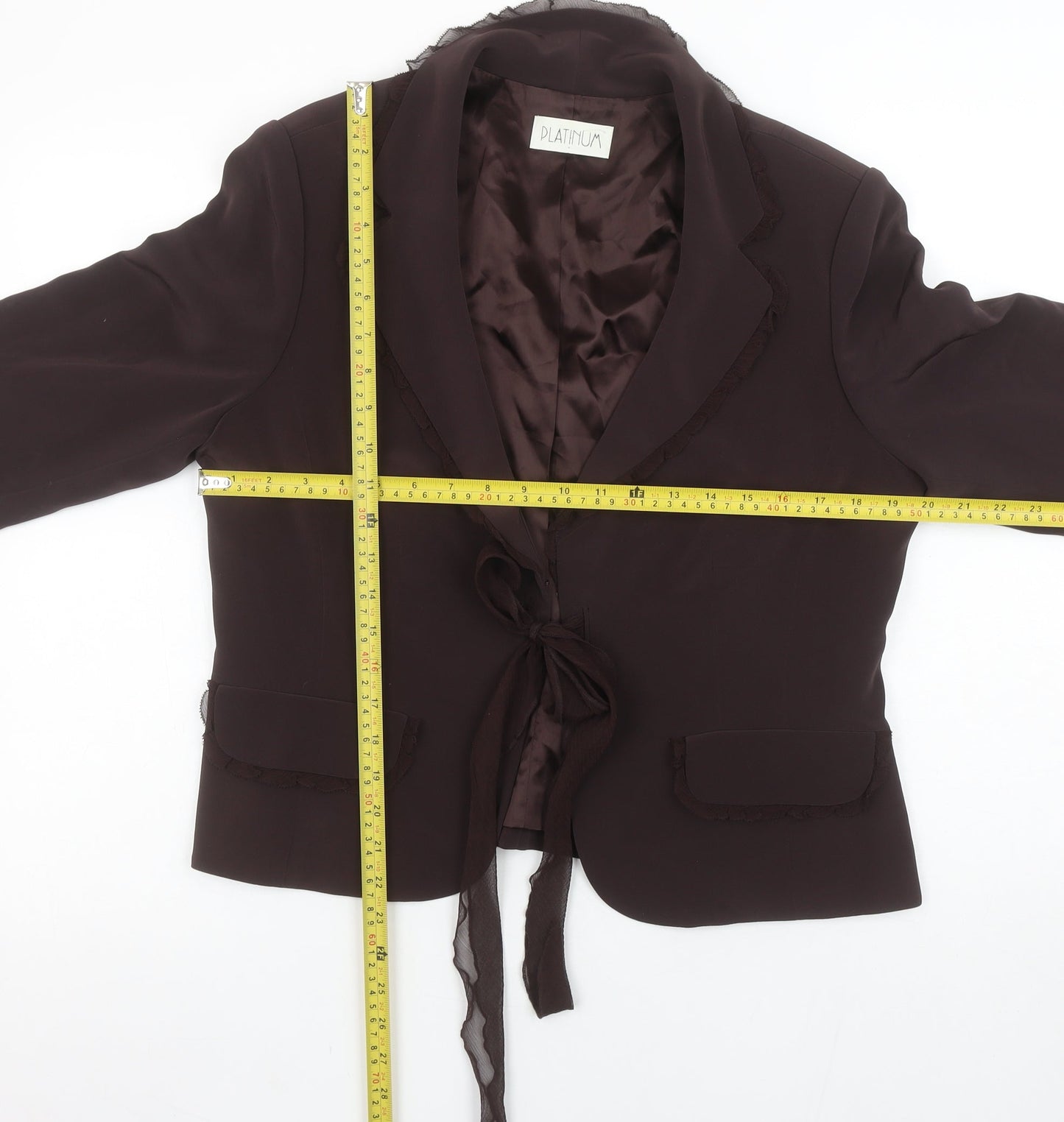 Platinum Women Brown Tie Front Blazer Jacket Size 16 Triacetate Blend