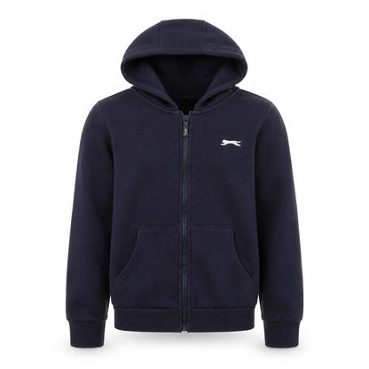 Front view of Slazenger boys’ navy blue hooded zip-up fleece jacket 11-12 years