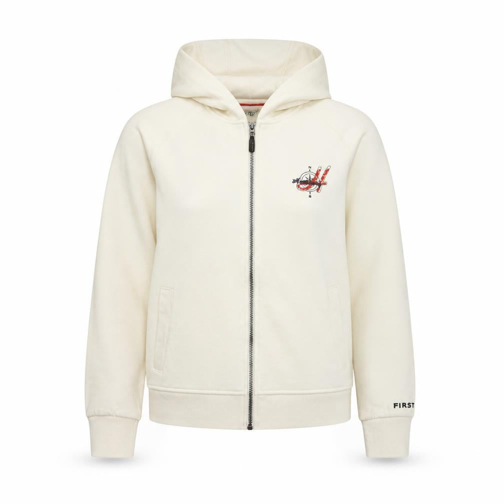 FIRST B Women Ivory Hooded Full Zip Embroidered Jacket Size 10