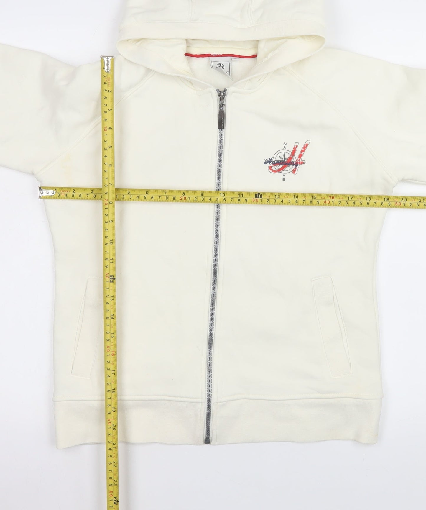 FIRST B Women Ivory Hooded Full Zip Embroidered Jacket Size 10