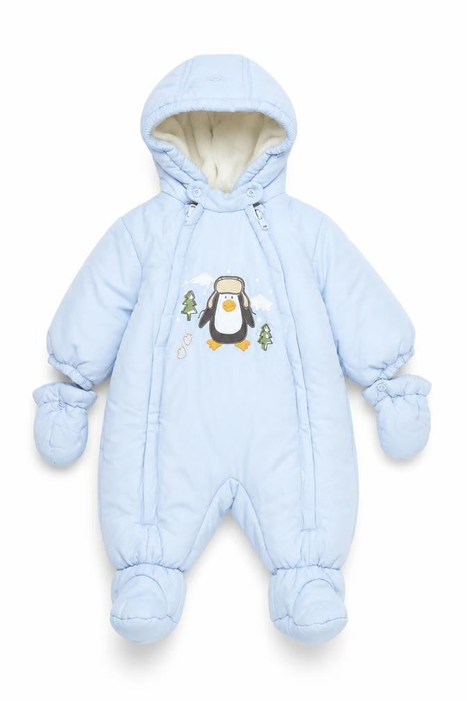 C&A Baby Club Blue Hooded Penguin Winter Snowsuit 3-6 Months Puffer