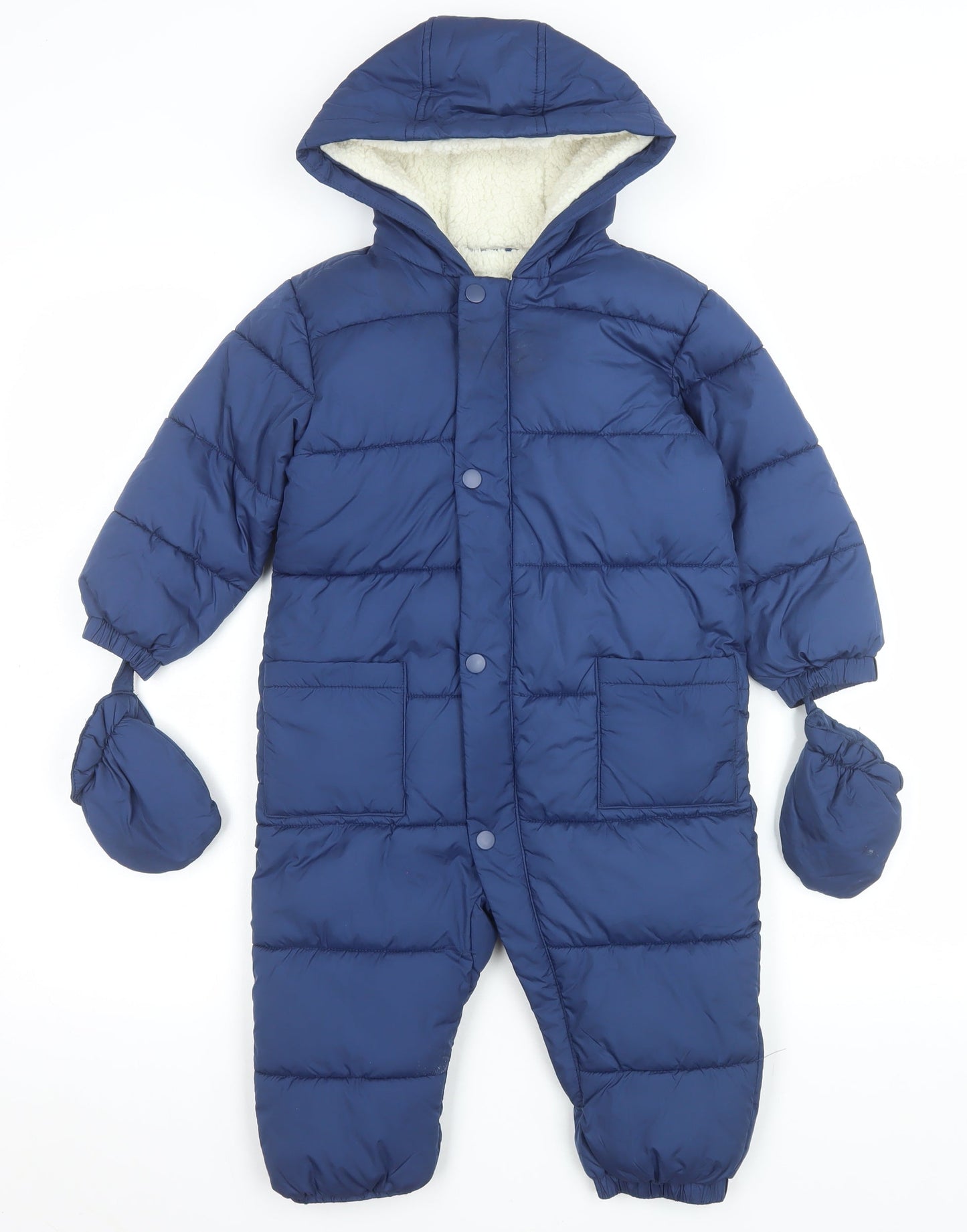 Marks and Spencer Boys Blue Hooded Puffer Snowsuit 2-3 Years Winter Lined