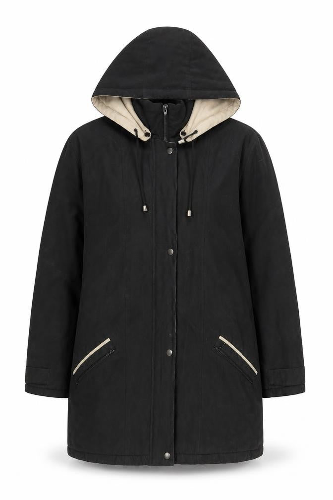Finesse Women Black Polyester Hooded Parka Coat Size 10