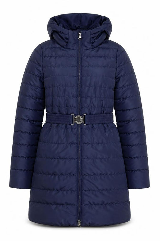 Vero Moda Womens Blue Long Puffer Belted Hooded Coat XS