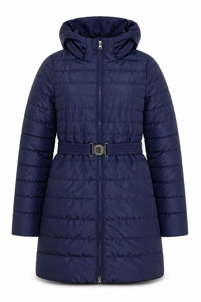 Vero Moda Womens Blue Long Puffer Belted Hooded Coat XS