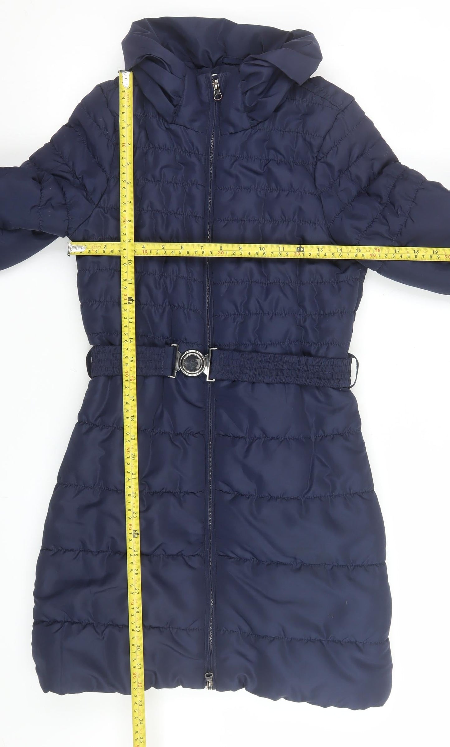 Vero Moda Womens Blue Long Puffer Belted Hooded Coat XS