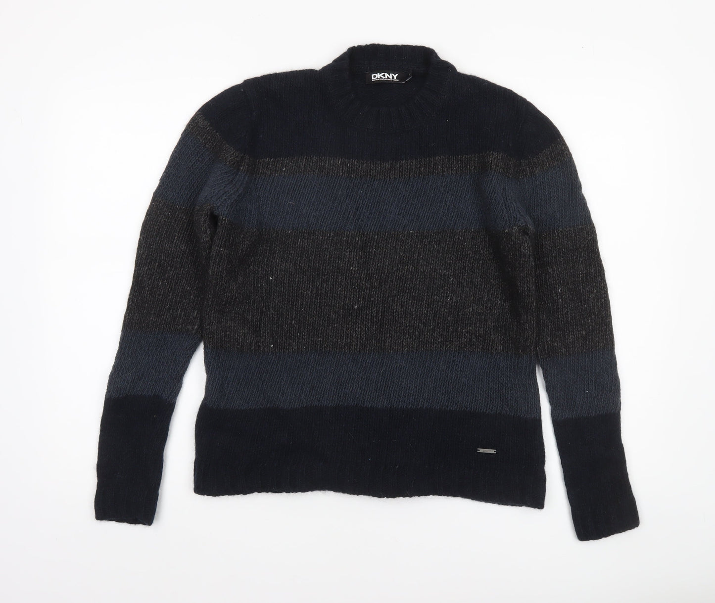 DKNY Women's Blue Striped Wool Linen Chunky Knit Pullover Jumper Size L