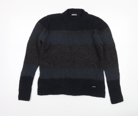 DKNY Women's Blue Striped Wool Linen Chunky Knit Pullover Jumper Size L