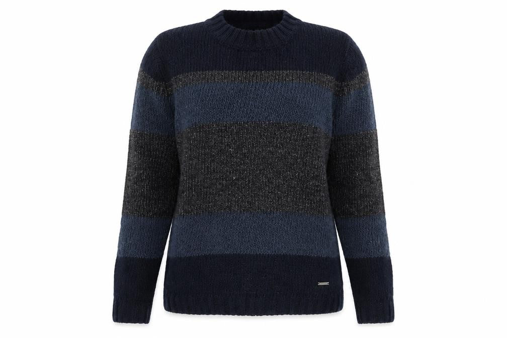 DKNY Women's Blue Striped Wool Linen Chunky Knit Pullover Jumper Size L