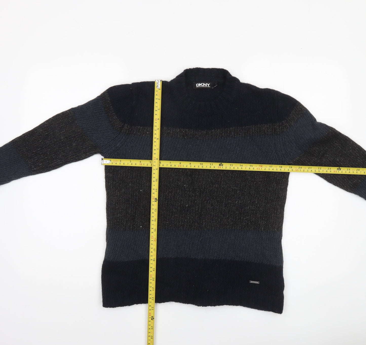 DKNY Women's Blue Striped Wool Linen Chunky Knit Pullover Jumper Size L
