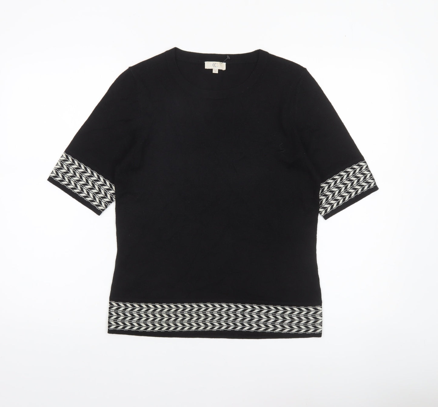 CC Women’s Black Geometric Trim Wool Blend Short Sleeve Jumper Size S