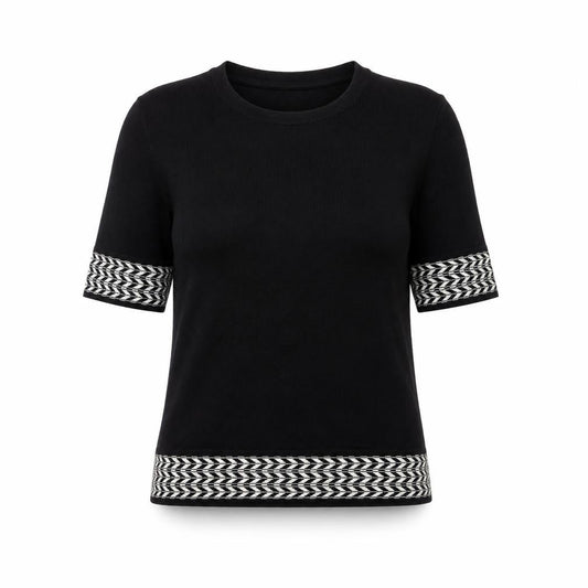 Country Casuals Women’s Black Geometric Trim Wool Blend Short Sleeve Jumper Size S