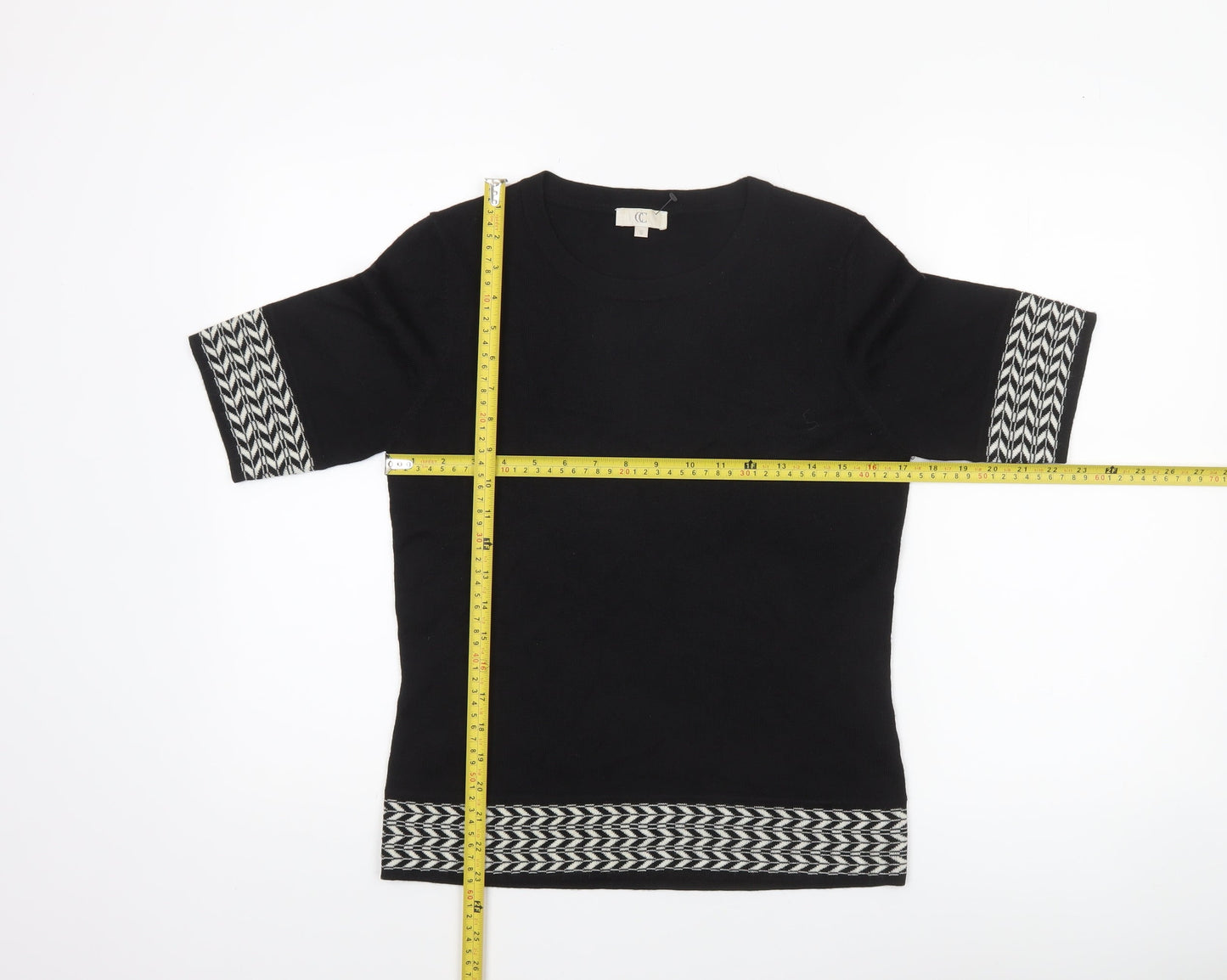 CC Women’s Black Geometric Trim Wool Blend Short Sleeve Jumper Size S