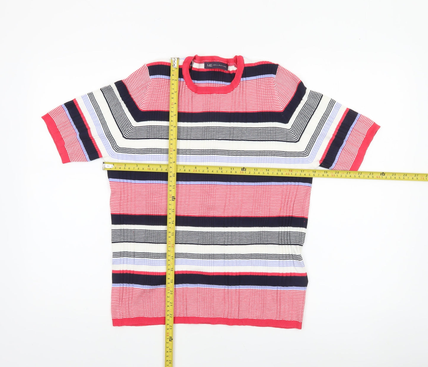 Marks and Spencer Women’s Multicoloured Striped Short Sleeve Crew Neck Pullover Jumper Size 18