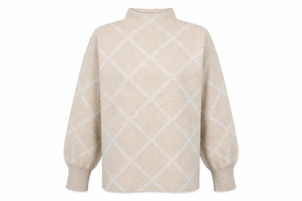 Tahari Women Beige Argyle Mock Neck Long Sleeve Pullover Jumper XL