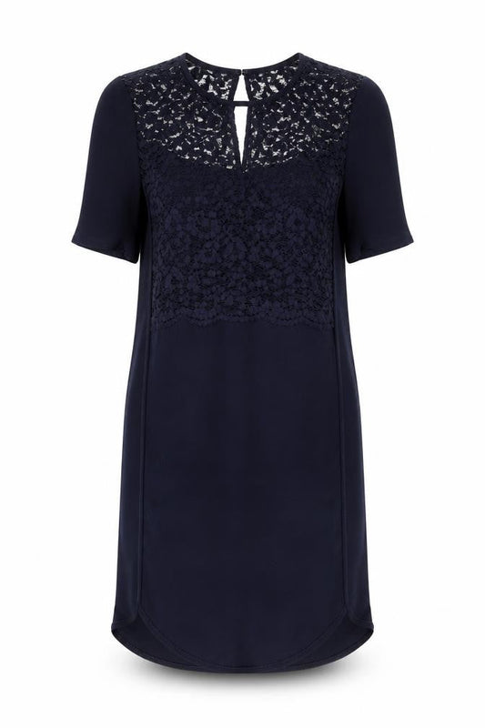 Whistles Women's Blue Lace Shift Dress Size 10 Short Sleeve Knee Length