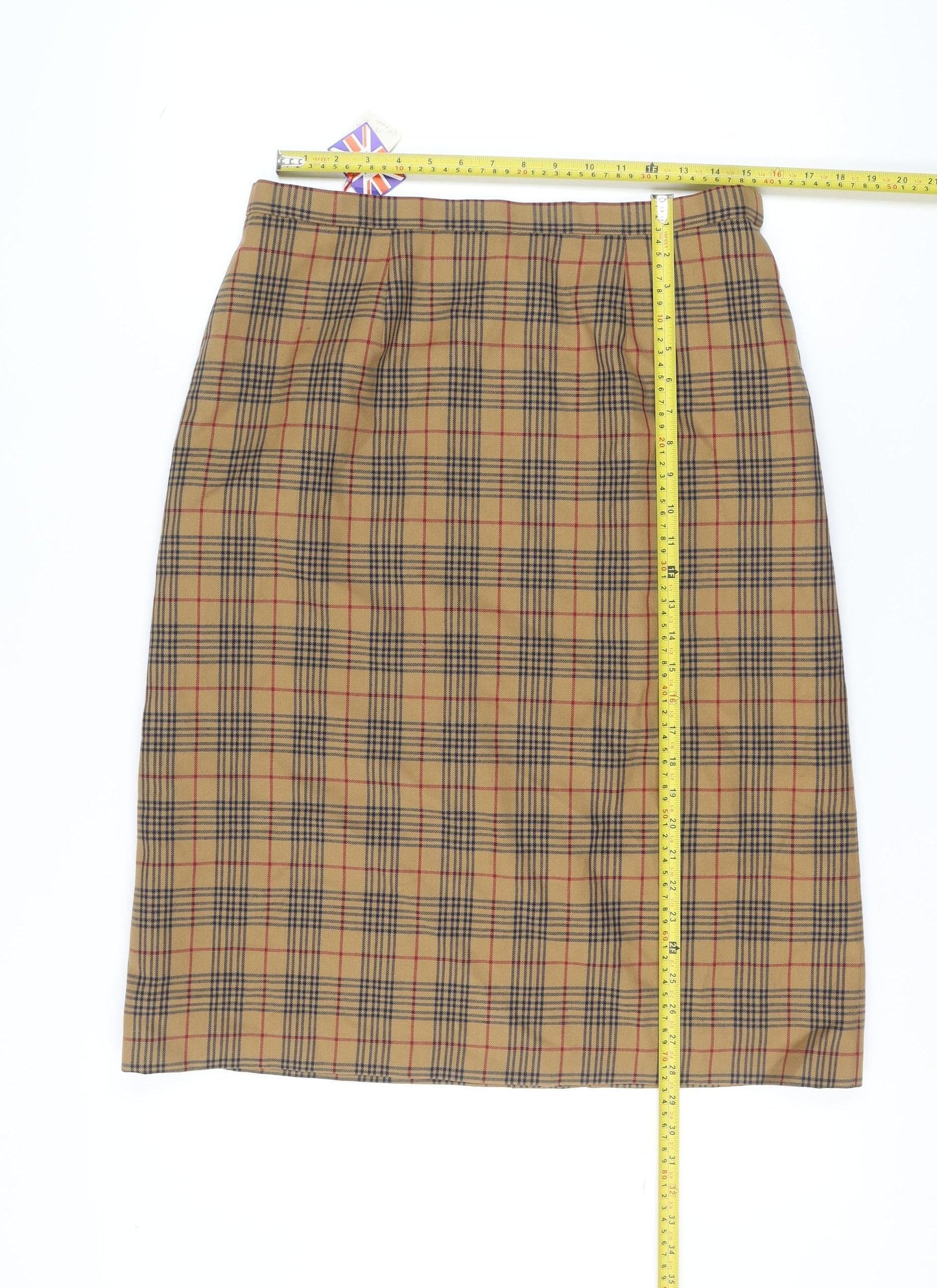 Women's Beige Checked Wool Pencil Skirt Size 18 Knee Length Lined