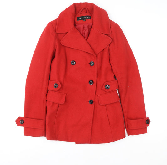 Warehouse Women’s Red Wool Blend Pea Coat UK 10 Classic Mid-Length