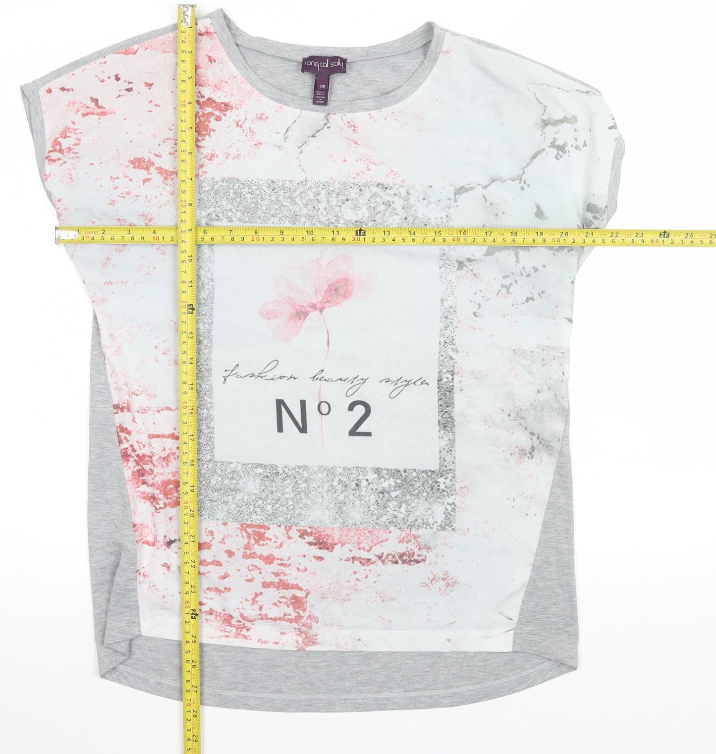 Long Tall Sally Womens Grey Pink Graphic Short Sleeve T-Shirt XS