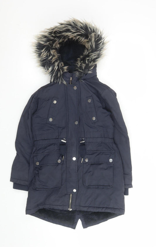 Next Girls Blue Faux Fur Hooded Parka Coat 9 Years Winter Lined Jacket