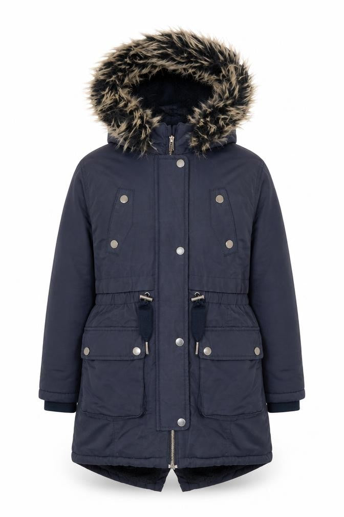 Next Girls Blue Faux Fur Hooded Parka Coat 9 Years Winter Lined Jacket