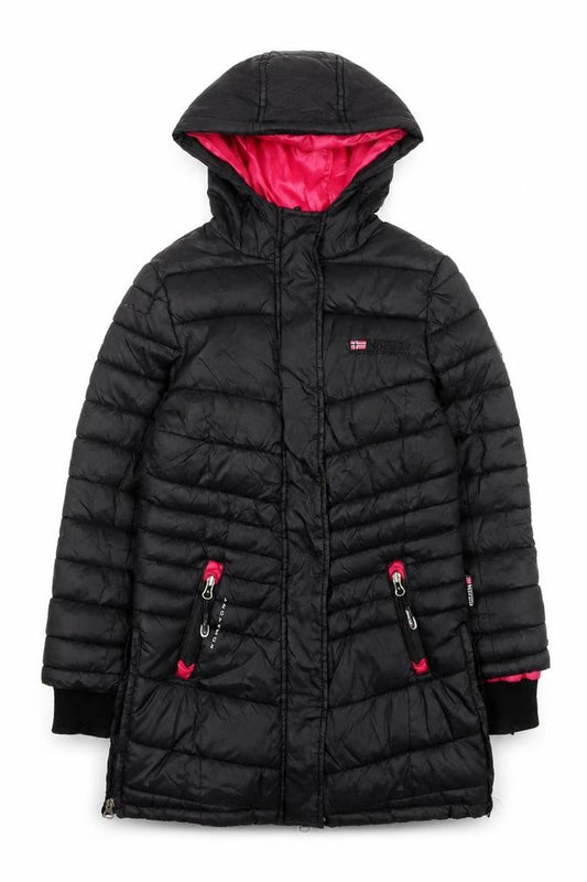 Front view of Geographical Norway girls’ black hooded puffer coat 6 years winter jacket