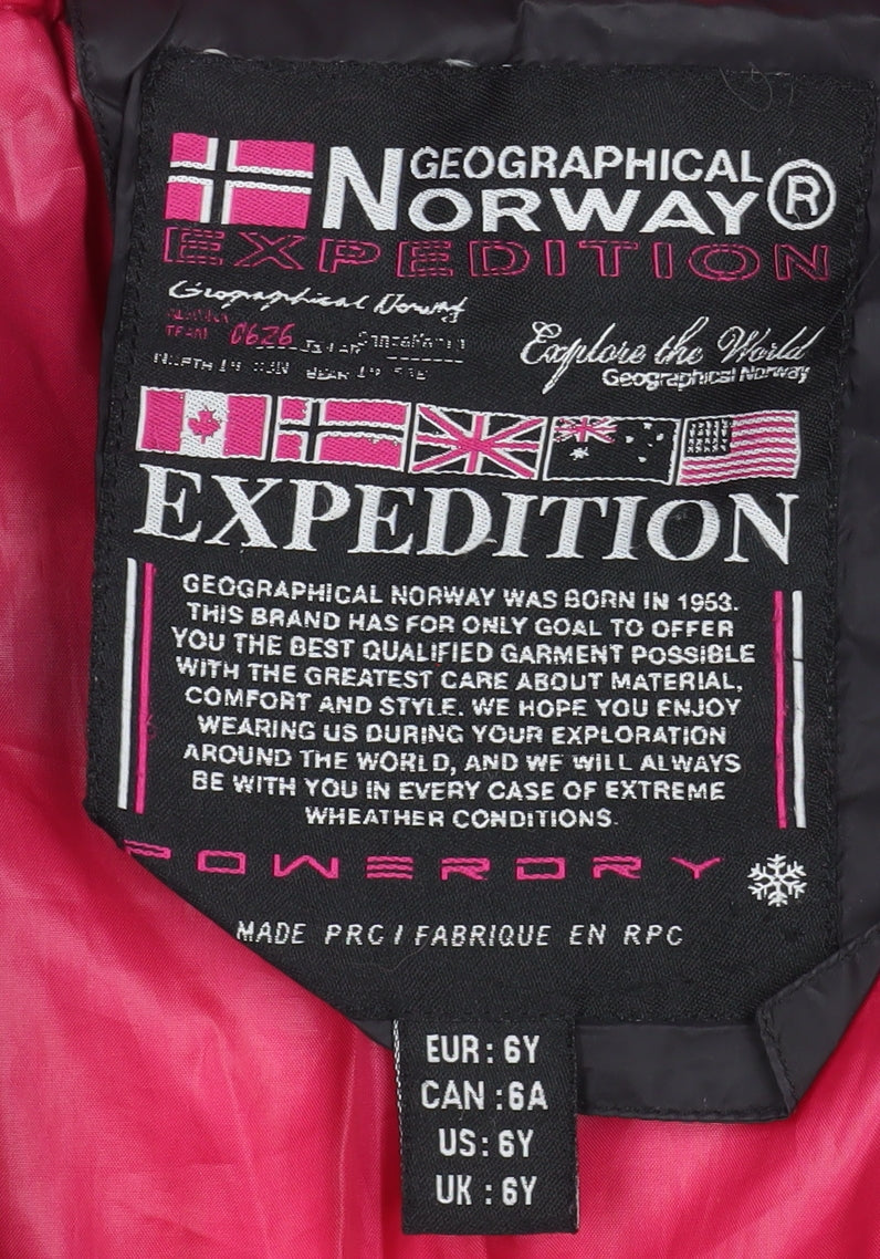 Geographical Norway Girls Black Hooded Puffer Coat 6 Years Winter Jacket
