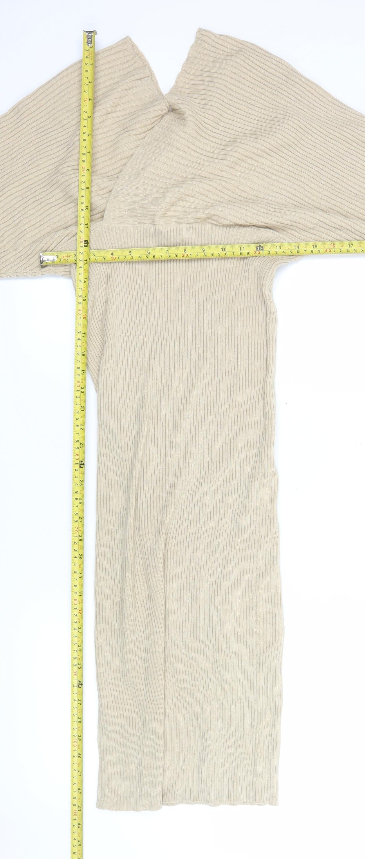 PrettyLittleThing Women’s Beige Off Shoulder Ribbed Midi Bodycon Dress Size M