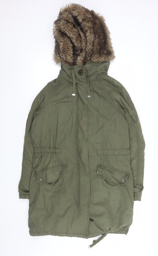 Topshop Women Green Faux Fur Hooded Parka Coat Size 6