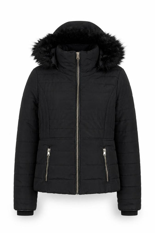F&F Womens Black Faux Fur Hooded Puffer Jacket UK 12