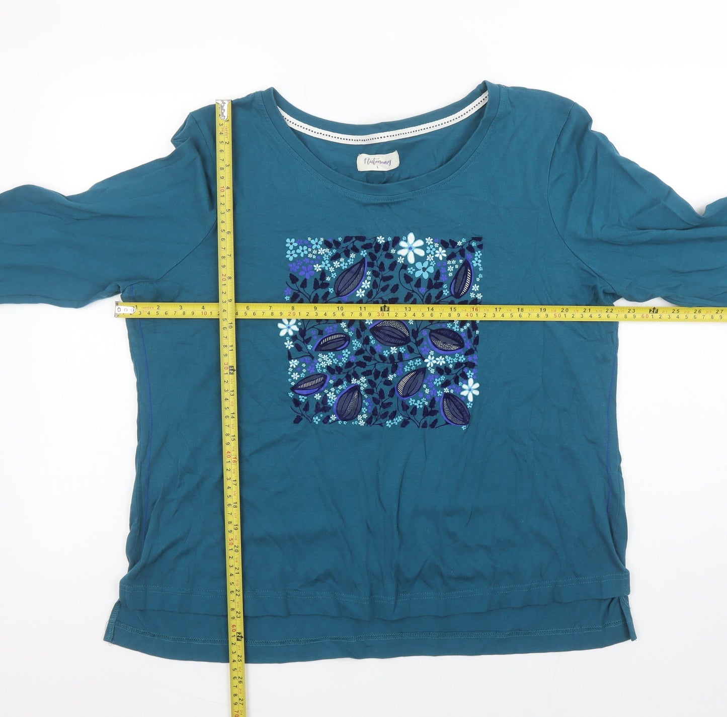 Autonomy Womens Blue Floral Cotton 3/4 Sleeve T-Shirt L