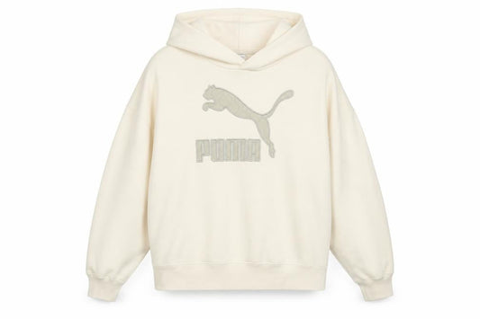 Front view of PUMA Women's Beige Hoodie Small Relaxed Fit Cotton Blend Logo
