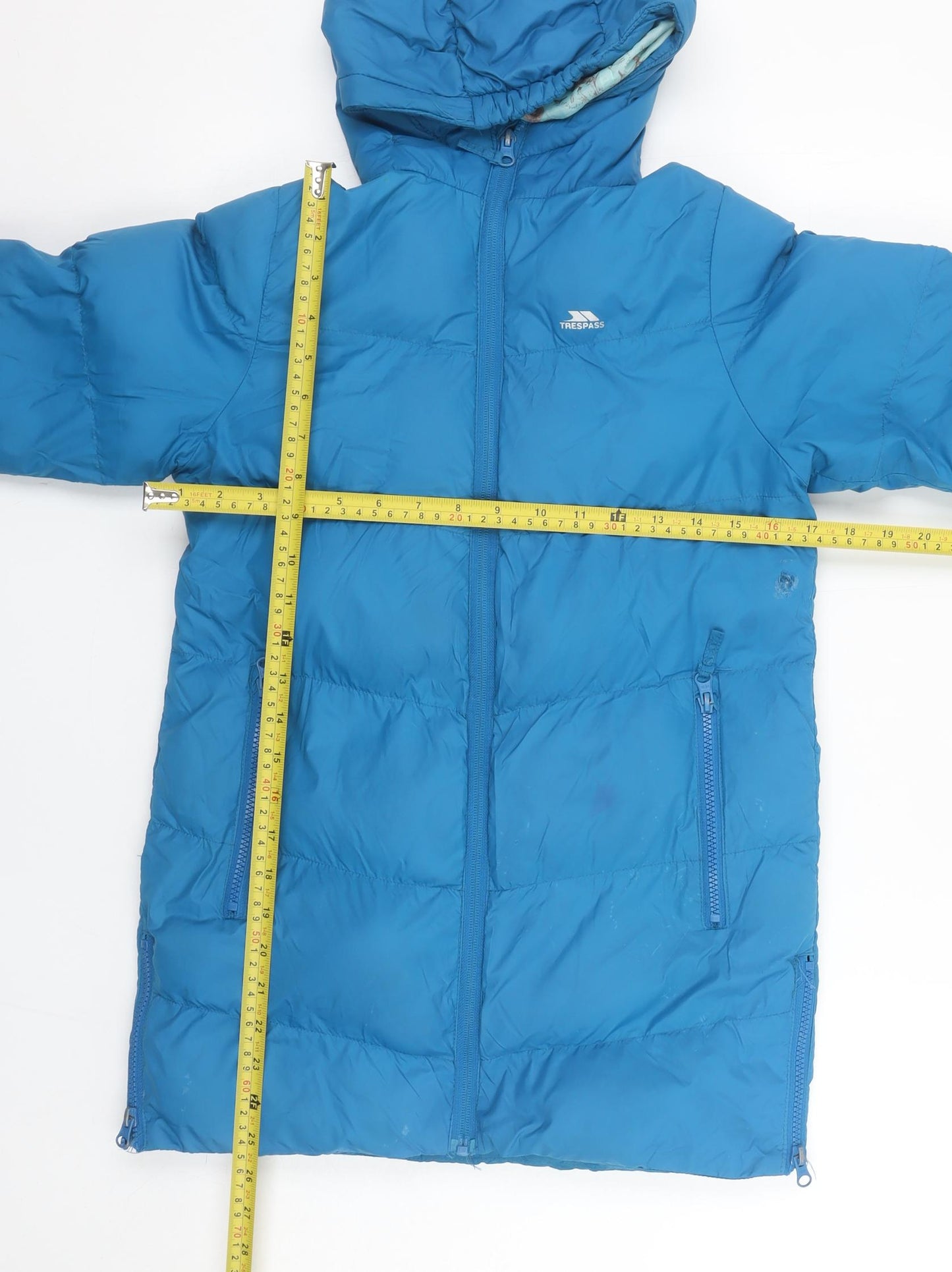 Trespass Girls Blue Hooded Puffer Jacket 7-8 Years Water Resistant Winter Coat