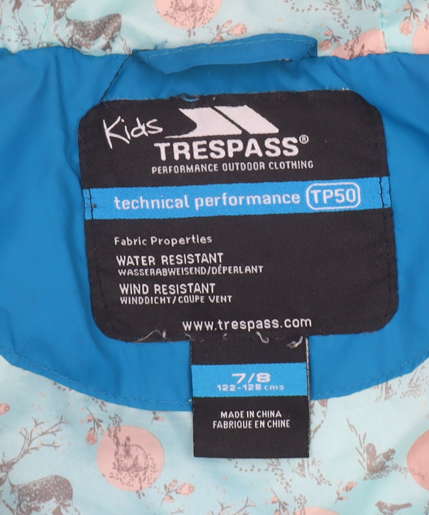 Trespass Girls Blue Hooded Puffer Jacket 7-8 Years Water Resistant Winter Coat